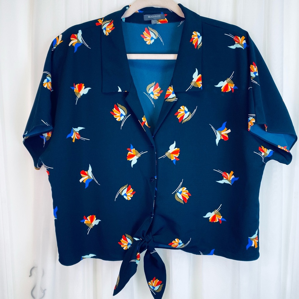 Madison Elegant Navy Floral Button-Front Tie Waist Blouse.